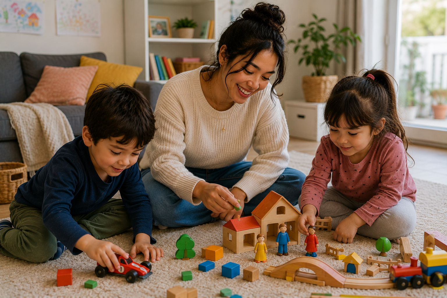 Au pair brincando com crianças em casa durante intercâmbio na Europa