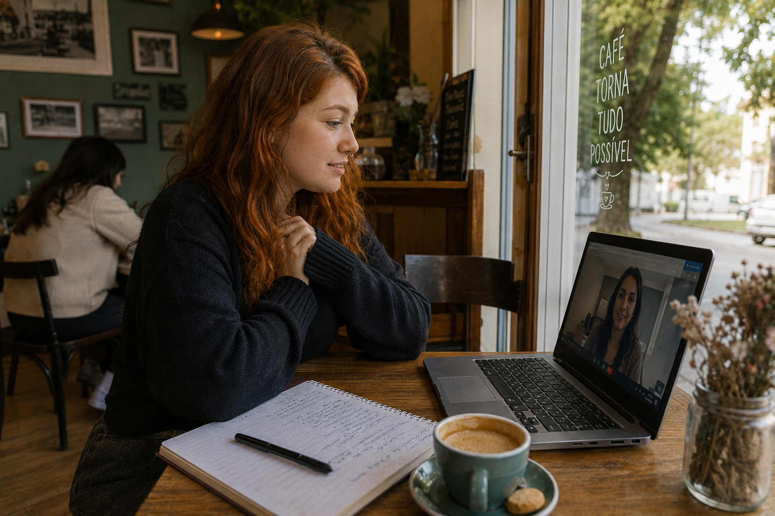 Brasileira participando de entrevista online para programa au pair em café