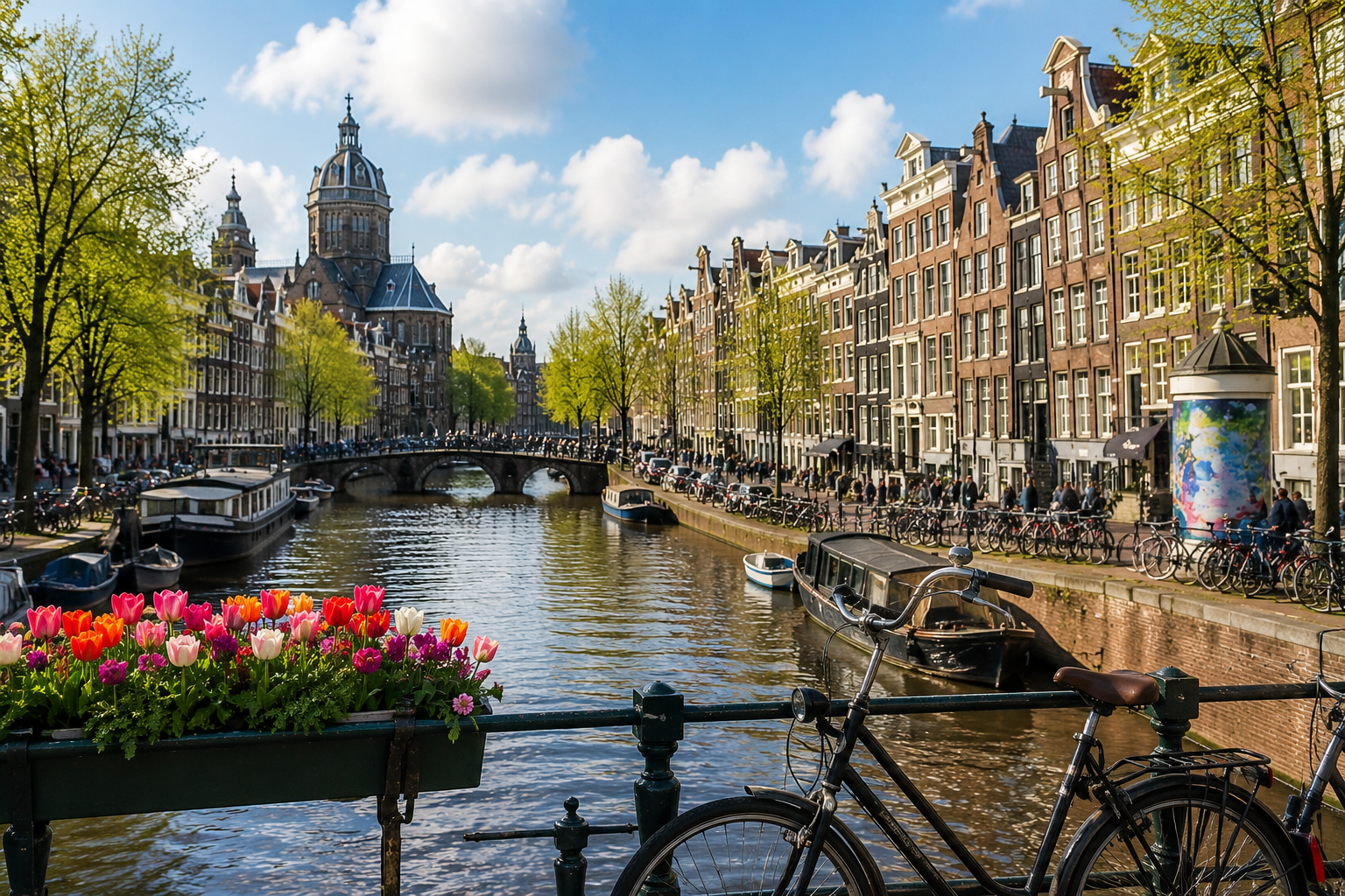 Canal e arquitetura tradicional em cidade europeia durante intercâmbio