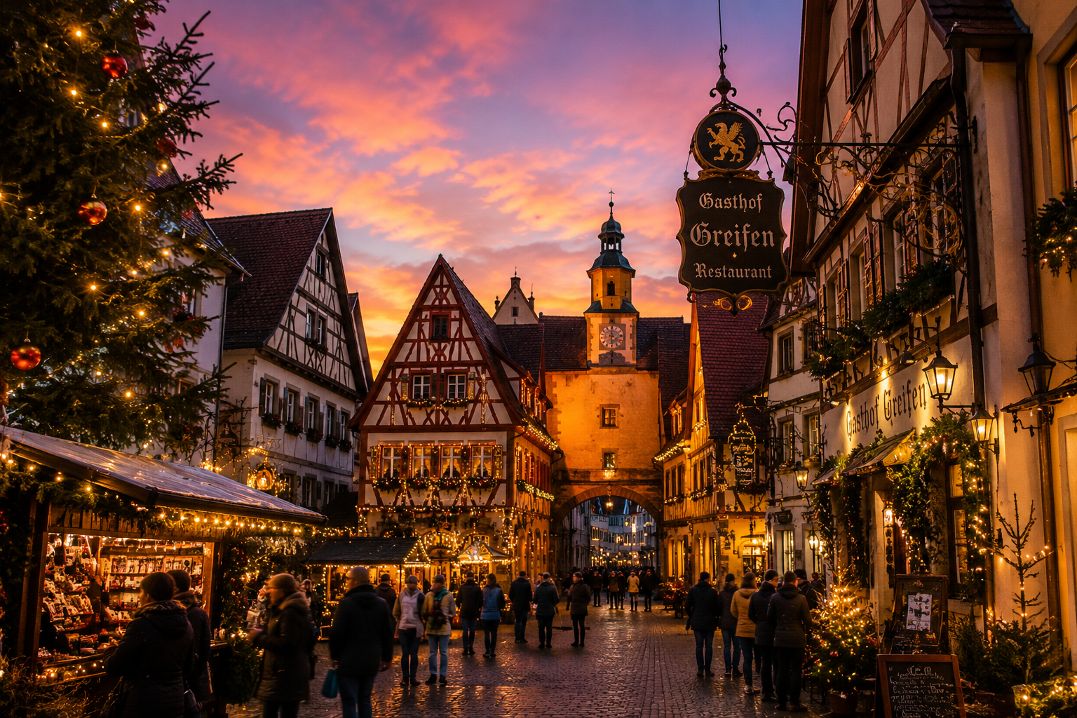 Cidade alemã iluminada durante inverno europeu ao entardecer